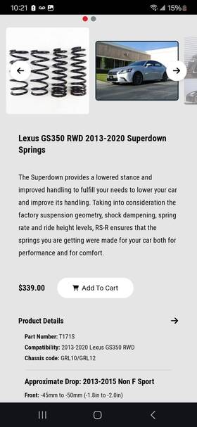 T176d Rs-r Down Sus Lowering Springs Set For 2013-2020 Lexus Gs 350 Awd