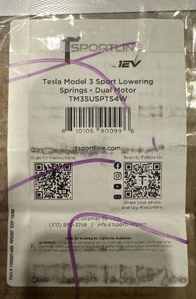 Tm3suspts4w T Sportline Tesla Lowering Springs Front And Rear Set 2017-2023 Model 3 Awd